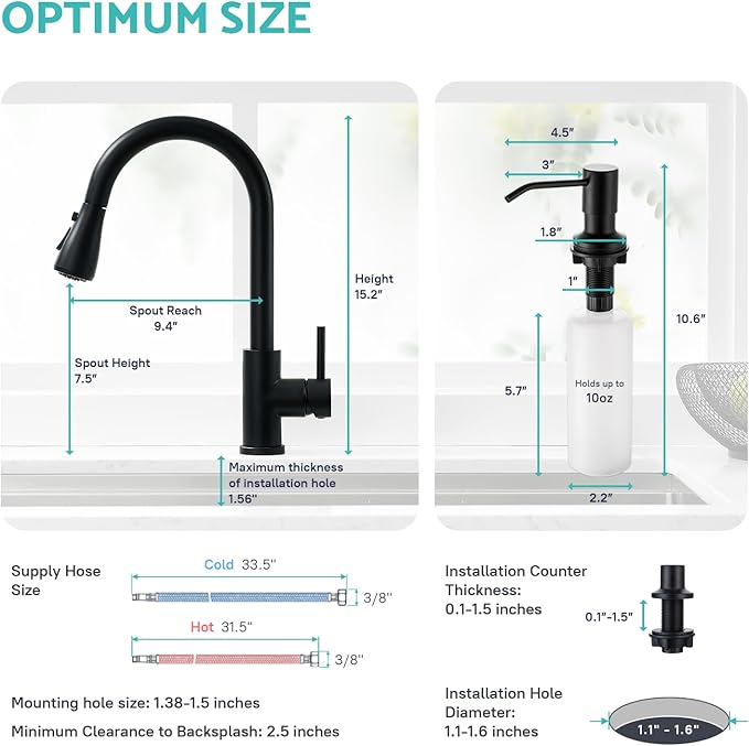 Kicimpro Black Kitchen Sink Faucet with Soap Dispenser, 3 Modes Black Kitchen Faucet with Pull Down Sprayer and Soap Dispenser, 304 Stainless Matte Single Handle Kitchen Faucets with Water Lines