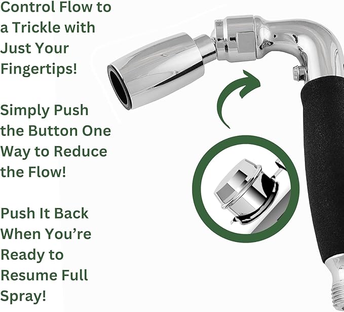 High Sierra® Solid Metal Handheld Shower Head, Lead-Free, with Built-In Trickle Valve. Shower Hose and Holder Not Included. High Pressure 2.0 GPM. Polished Chrome