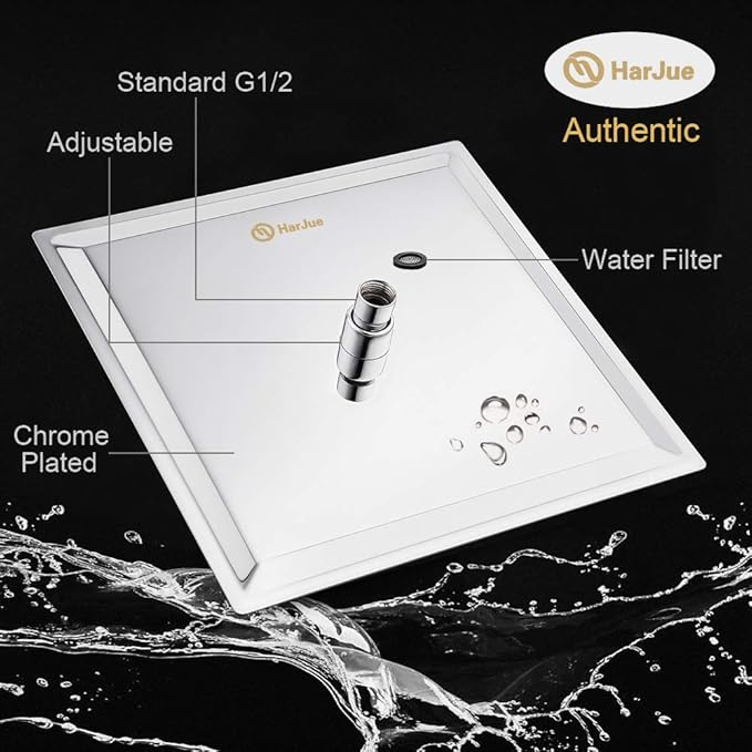 HarJue Shower Head with Extension Arm, High Pressure Square with ShowerArm, Stainless Steel Rainfall -Waterfall Full Body Coverage (12'' Shower with 16'' Arm, Chrome)