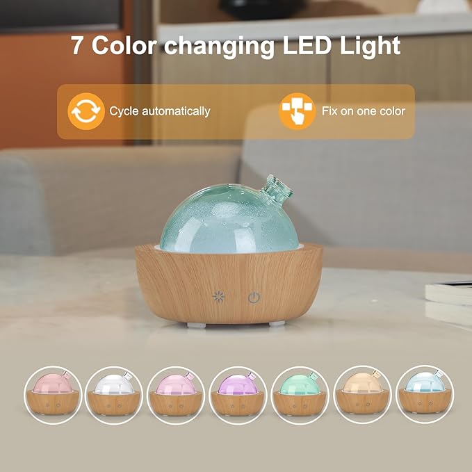 Glass Essential Oil Diffusers for Home, Wood Grain Base Humidifier, Decorative Bedroom Aromatherapy Scent Air Diffuser Ultrasonic Aroma Defusers 200ml（with 3Pcs Essential Oils）