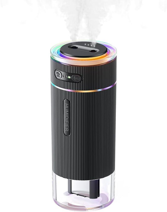 WSKEN Portable Small Humidifier for Bedroom - [Dual Nozzle Large Cool Mist] [Ambiance Lighting] [Car Smart On/Off] Ultrasonic Mini Personal Desk Air Humidifiers for Travel Office Baby Room,Black