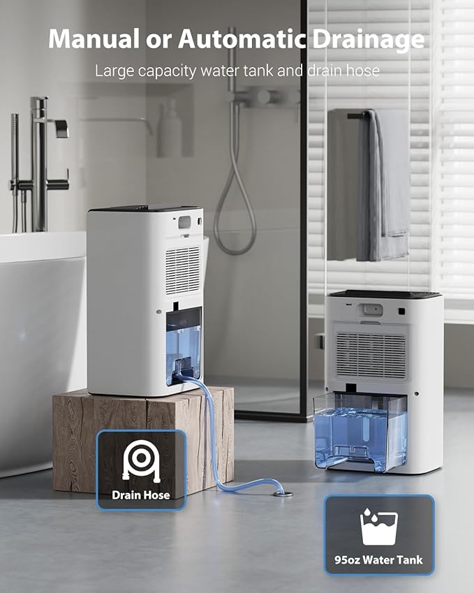 Dehumidifiers for Home, 850 sq.ft 95oz Dehumidifier with Drain Hose Timer Sleep Mode Auto-Off 7 Colors Light, Dehumidifier for Bedroom Bathroom Basements RV White