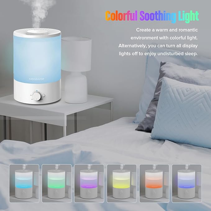 MegaWise Healthy Top-Refill Cool Mist Humidifiers for Bedroom, 24dB Ultrasonic Air Vaporizer with Water Filter for Baby [PP Material], Colorful Night Light,1 Gal Essential Oil Diffuser, Auto Shut Off