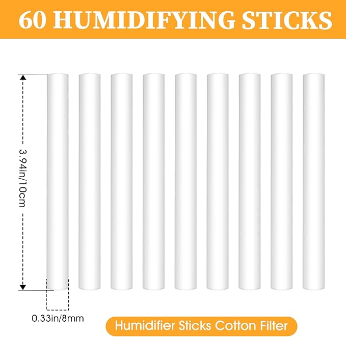 60 Pcs Humidifier Filter Replacement Rods Premium Cotton Filter Refills for Portable USB Mini Cool Mist Humidifiers (60, 4Inches)