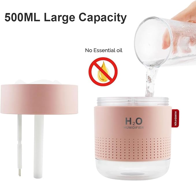 Portable Small Humidifier,500ml Air Humidifier for Plant,Night Light Function,Super Quite,Auto Shut-Off,USB Personal Cool Mist Humidifier for Bedroom,Baby Room,Office,Travel,Car,Home(Pink)