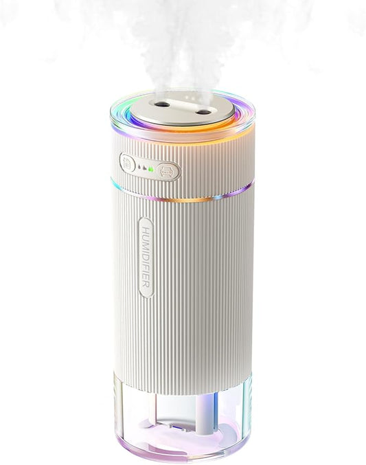 WSKEN Portable Small Humidifier for Bedroom - [Dual Nozzle Large Cool Mist] [Ambiance Lighting] [Car Smart On/Off] Ultrasonic Mini Personal Desk Air Humidifiers for Travel Office Baby Room,White