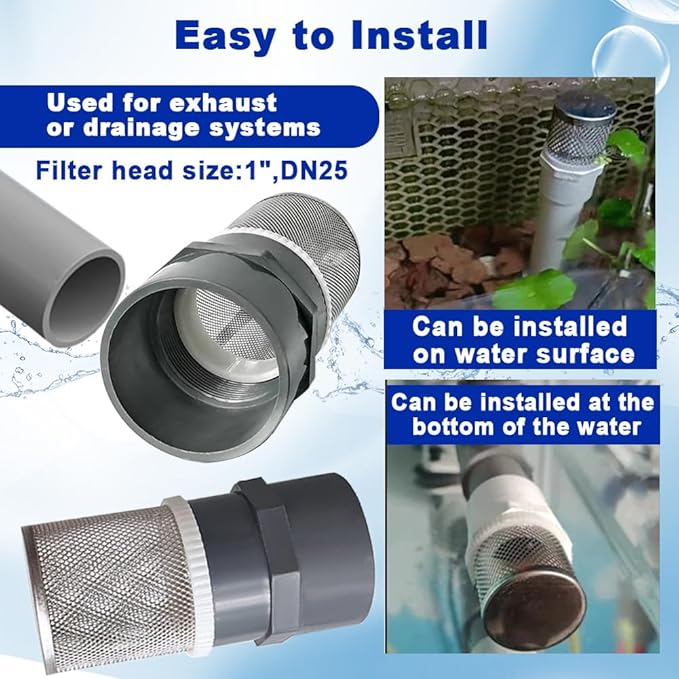 1" Stainless Steel Filter Cover Connected to 1 inch/DN25 Grey PVC Filter Water Pipe, Vent Cap Suction Strainers Used to Remove Debris and Reduce Solid Entry(1pcs)
