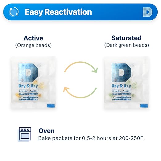 Dry & Dry 3 Gram[100 Packets] Orange Indicating Silica Gel Packets Desiccant Dehumidifiers - Food Safe Silica Packs, Silica Gel, Moisture Absorbers, Silica Packets, Desiccant Packs