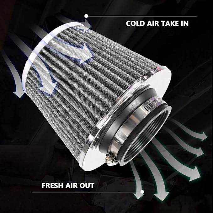 muge racing 3-inch Cold Air Intake Filter 76mm, High Performance Clamp-On Engine Intake Air Filter, Washable Reusable & Universal Round Tapered Replacement Air Filter, Silver