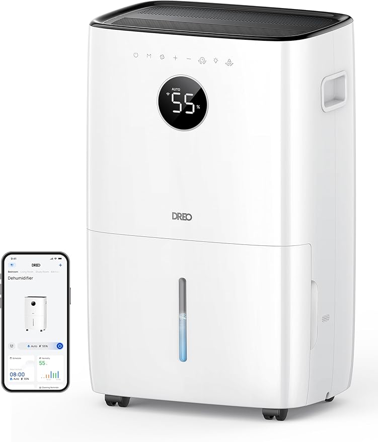 Dreo 110-Pint Smart Dehumidifier for Basement, 4500 Ft² for Large Room, 2 Gallon Water Tank, Auto/Comfort/Constant Mode Dehumidifiers for Home, Bedroom, Bathroom, with Drain Hose, Black, 711S