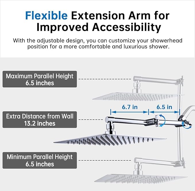 G-Promise All Metal 10 Inches Rainfall Shower Head with Handheld Spray Combo, 3 Settings Diverter, Adjustable Extension Arm with Lock Joints, 71 Inches Stainless Steel Hose (Chrome)