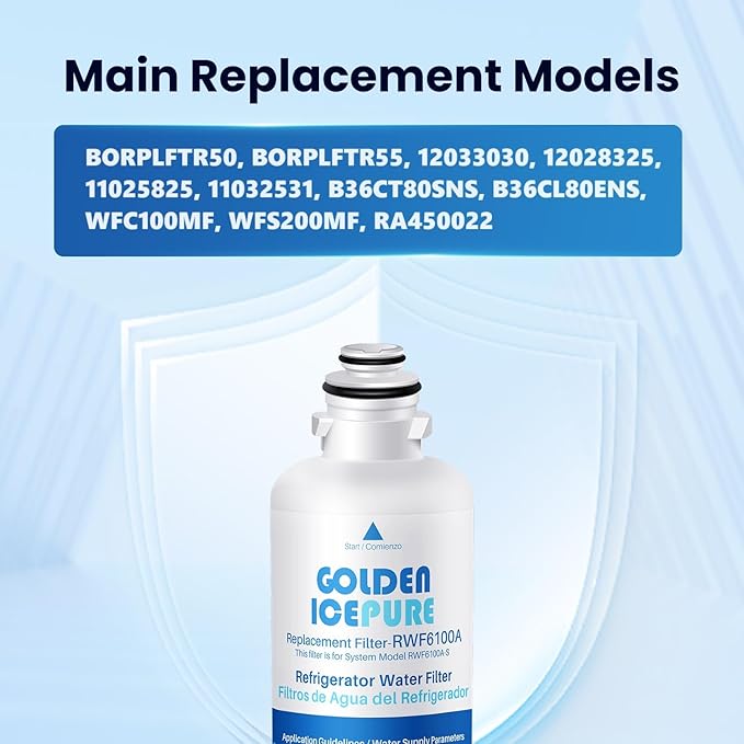 GOLDEN ICEPURE RWF6100A Water Filter, Compatible with BORPLFTR50 Bosch Ultra Clarity Pro, 12033030, 11025825, 11032531, WFC100MF, BORPLFTR55, B36CT80SNS, B36CL80ENS, 3PACK