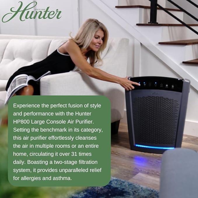 Hunter HP800 Air Purifiers for Home Large Room and Bedroom. True HEPA Air Purifier for Pets, Odors, Allergens, Smoke, Dust, VOC's. Value Bundle w/Extra Filter. Cleans 2585 Ft² per hour. White