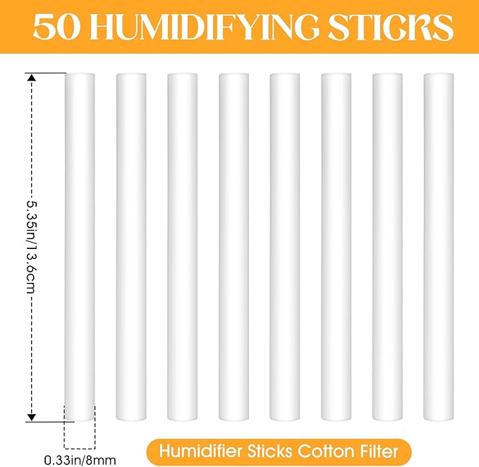 50 Pcs Humidifier Filter Replacement Rods Premium Cotton Filter Refills for Portable USB Mini Cool Mist Humidifiers (50, 5.354Inches)