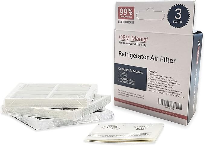 LT120F 3 Pack Air Filter - Perfect Fit/No Carbon Powder 6 Month Replacement Fridge Fresh Air System - Compatible Models: LG LT120F, Kenmore Elite 469918, ADQ73214404, ADQ73334008