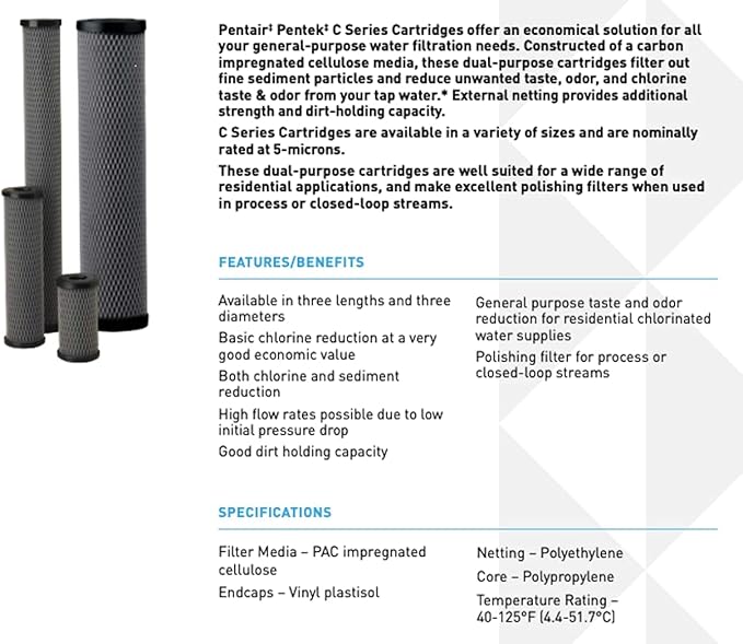 Pentair Pentek C2 Carbon Water Filter, 5-Inch, Under Sink Dual Purpose Powdered Activated Carbon-Impregnated Cellulose Replacement Cartridge, 5" x 2.5", 5 Micron