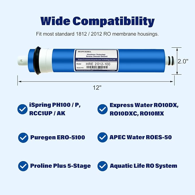 100 GPD RO Membrane Filter Replacement, Reverse Osmosis Membranes, Compatible for iSpring PH100 / RCC100P / RCC1UP / RCC1UP-AK/APEC ROES-100 / Express Water RO10DX / RO10DXBN (2 Pack)