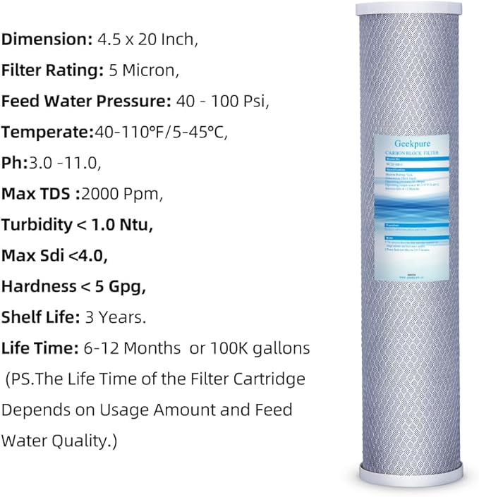 Geekpure 20-Inch Carbon Block Replacement Filter Cartridge for Whole House Water Filtration-4.5" x 20"-5 Micron (Pack of 6)