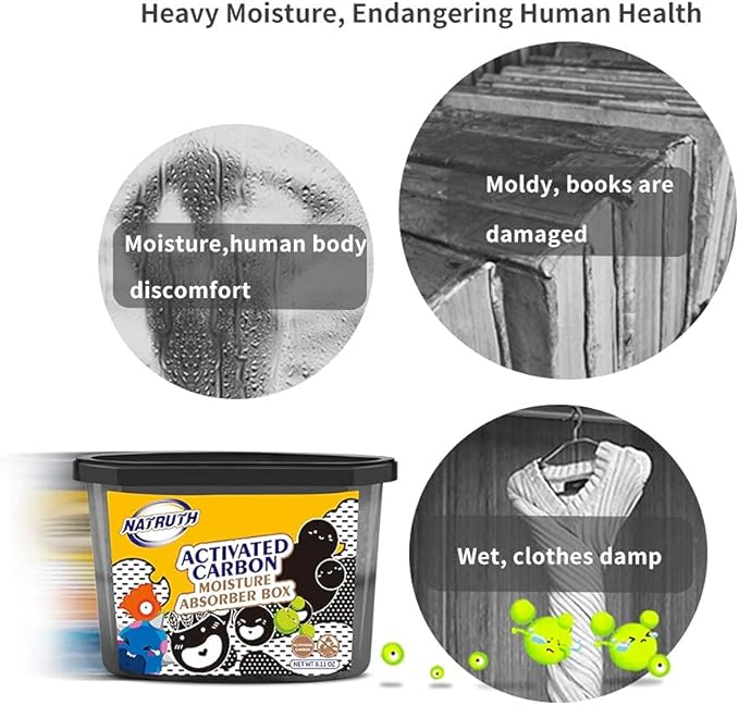 NATRUTH 500mL Moisture Absorber boxes, Closet Dehumidifier, Eradicate Odor,Dehumidifiers and Air Freshener for Closet,Shoes Box, Bathrooms, Kitchen & Study, Boats,RVs (Activated Charcoal, 9 packs)