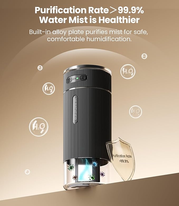 WSKEN Portable Small Humidifier for Bedroom - [Dual Nozzle Large Cool Mist] [Ambiance Lighting] [Car Smart On/Off] Ultrasonic Mini Personal Desk Air Humidifiers for Travel Office Baby Room,Black