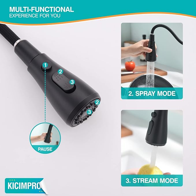Kicimpro Matte Black Kitchen Faucet with Pull Down Sprayer, 304 Stainless Steel, 23-Inch Extended Hose Design, Three Water Functional Ways, Easy Installation