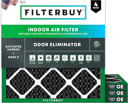 Filterbuy 12x12x1 Air Filter MERV 8 (MPR 700) Odor Eliminator Replacement (4-Pack), Electrostatic Pleated HVAC AC Furnace Filters w/Activated Carbon, Made in USA (Actual Size: 11.75 x 11.75 x 0.75)