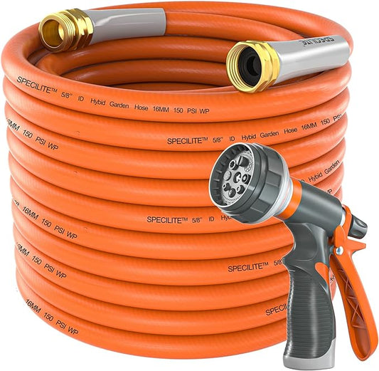 Garden Water Hose 100 ft x 5/8 in Heavy Duty, Flexible and Lightweight, Burst 600 psi, Kink-Less Hybrid Rubber Pipe for Backyard, 3/4'' Brass Fittings, Orange