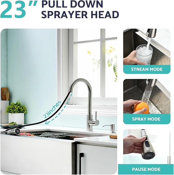 Kicimpro Kitchen Sink Faucet with Soap Dispenser, 3 Modes Kitchen Faucet with Pull Down Sprayer and Soap Dispenser, 304 Stainless Brushed Nickel Single Handle Kitchen Bar Faucets with Water Lines