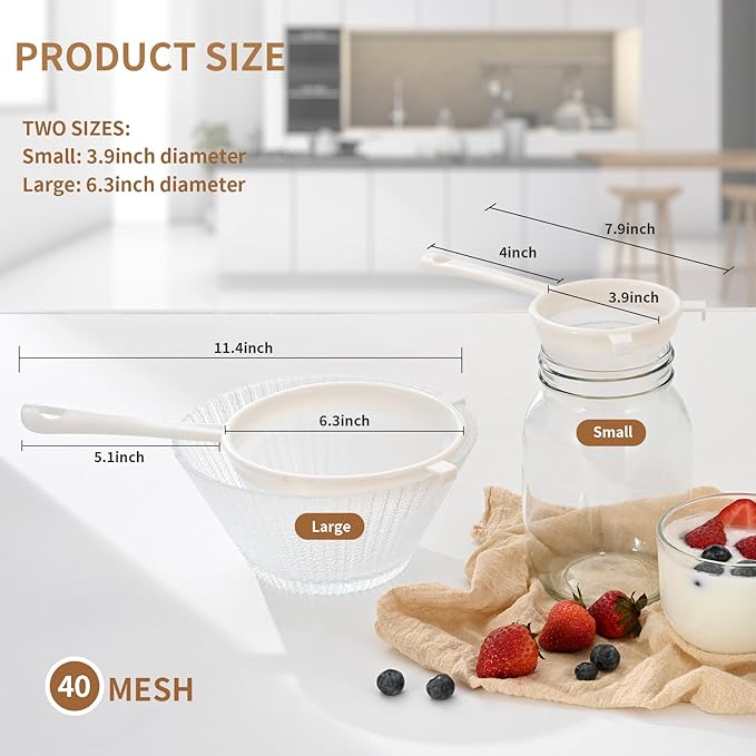 Kefir Strainer Set, 2-Size Plastic Non-Metal Sieve with Fine Mesh for Kefir Grains, Milk Kefir, Water Kefir & Kombucha - Durable, Food Grade & Easy Clean