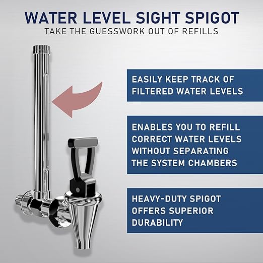 USWF Gravity Fed Water Filter System, 2.25 Gal Stainless Steel, w/ 2 Carbon Filters, Portable w/Metal Sight Glass Spigot & Stand, NSF/ANSI 372 Certified
