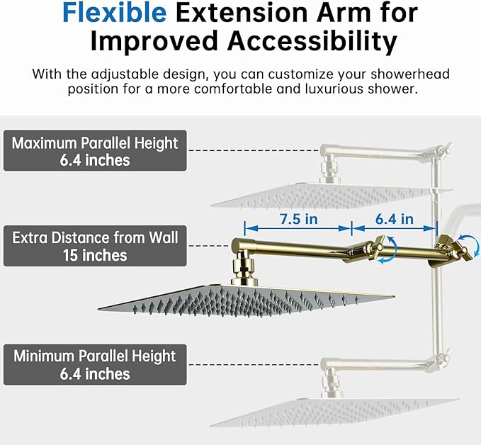 G-Promise All Metal 12 Inches Rainfall Shower Head with Handheld Spray Combo, 3 Settings Diverter, Adjustable Extension Arm with Lock Joints, 71 Inches Stainless Steel Hose (Polished Brass)