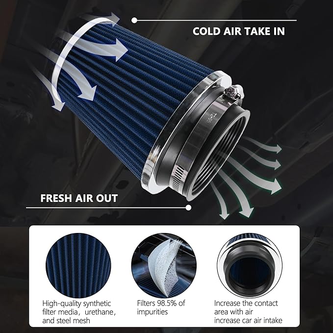 Clamp-On Cold Air Intake Filter, High Performance, Washable Filter, Replacement Air Filter, Flange Diameter 3inch/76mm Blue