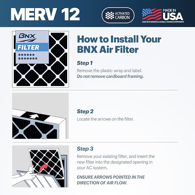 BNX TruFilter 14x14x1 MERV 12 Odor Defense (6-Pack) AC Furnace Air Filter with Activated Carbon - MADE IN USA - Pleated Air Conditioner HVAC AC Furnace Filters - Removes Odor, Mold, Bacteria, Smoke