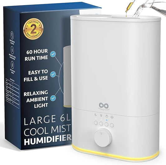 Everlasting Comfort Large Room Humidifiers, Top Fill 6L Ultrasonic Humidifier for Bedroom, 60HR Runtime, High Mist Output, Easy to Use & Clean, for Home, Baby, Plants, Congestion, Indoor