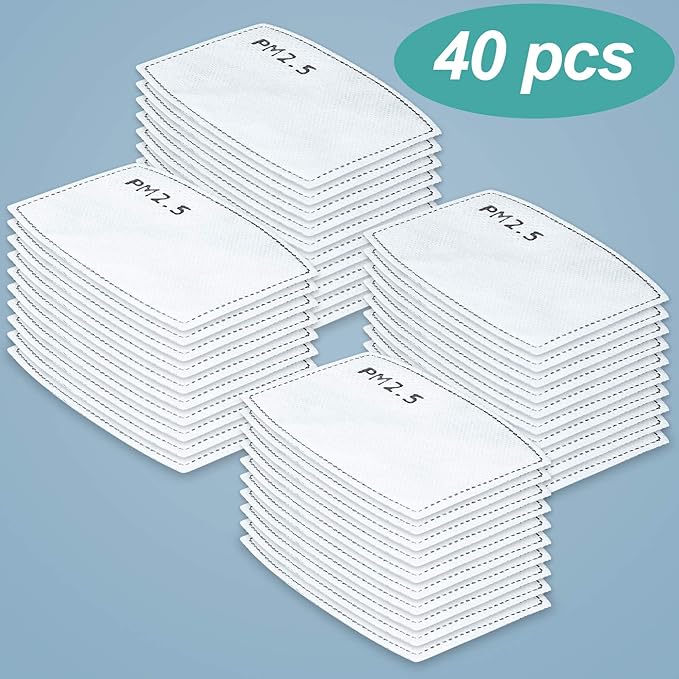 40pcs Adults Size Adaptive Activated Carbon Fabric Filtration 5-Layer PM2.5 Filter Pad Insert Value Pack DIY Craft Anti-Dust Anti-Haze Anti-Pollution for Outdoor Activities for Men Women