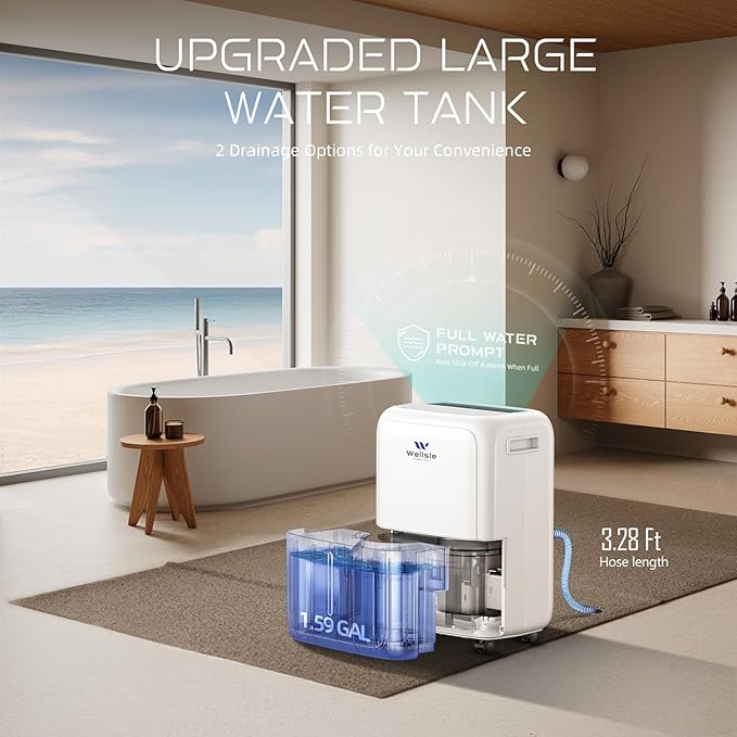Most Efficient Energy Star Dehumidifier with 1.59 Gallon Water Tank, 52 Pint Dehumidifiers for Basement and Home with Drain Hose, Smart Humidity Control for Bedroom with 24HR Timer