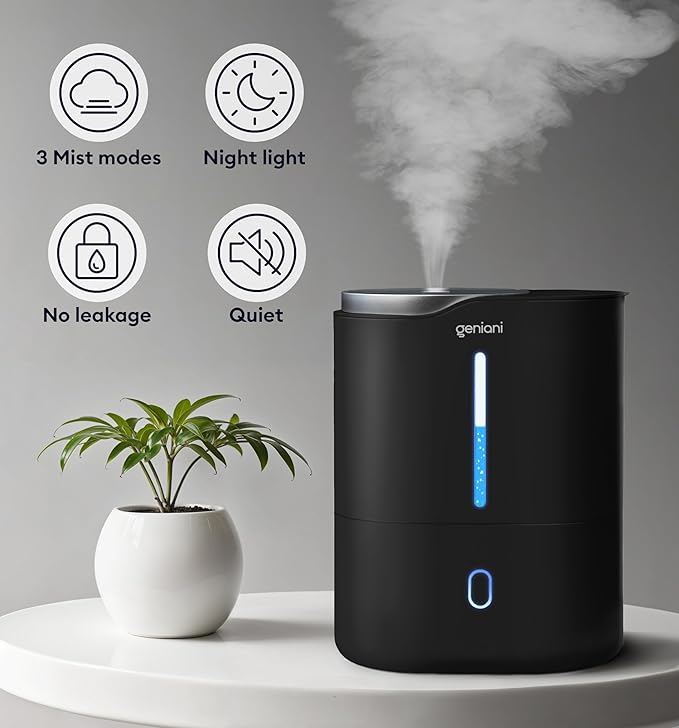 GENIANI Cool Mist Air Humidifiers for Bedroom, Plants, and Large Rooms - Quiet Humidifiers for Baby Room with Auto Shut Off & Night Light (3.9L, Black)
