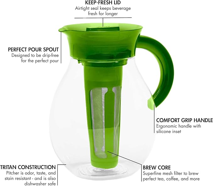 Primula The Big Iced Tea Maker and Infuser, Plastic Beverage Pitcher with Leak Proof, Airtight Lid, Fine Mesh Reusable Filter, Made without BPA, Dishwasher Safe, Green