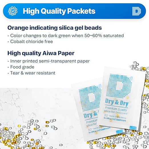 Dry & Dry 5 Gram [120 Packets] Premium Pure & Safe Orange Indicating Silica Gel Packets Desiccant Dehumidifiers - Food Safe Silica Packets Silica Gel Moisture Absorbers