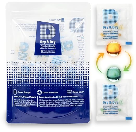 Dry & Dry 3 Gram[100 Packets] Orange Indicating Silica Gel Packets Desiccant Dehumidifiers - Food Safe Silica Packs, Silica Gel, Moisture Absorbers, Silica Packets, Desiccant Packs