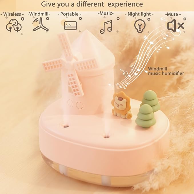 Ultrasonic Humidifiers for Bedroom and Office,Cold fog humidifier with music box, rotary windmill baby humidifier with night light, dual nozzle, two spray modes and ambient light