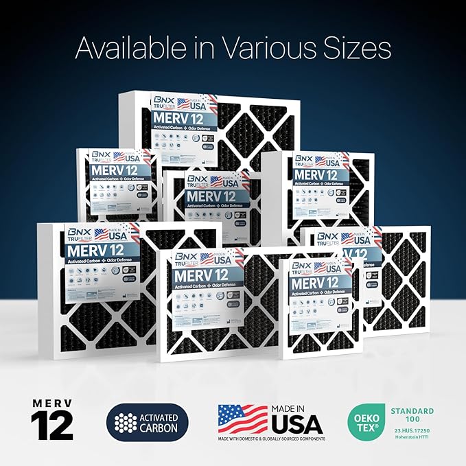 BNX TruFilter 20x20x1 MERV 12 Odor Defense (2-Pack) AC Furnace Air Filter with Activated Carbon - MADE IN USA - Pleated Air Conditioner HVAC AC Furnace Filters - Removes Odor, Mold, Bacteria, Smoke