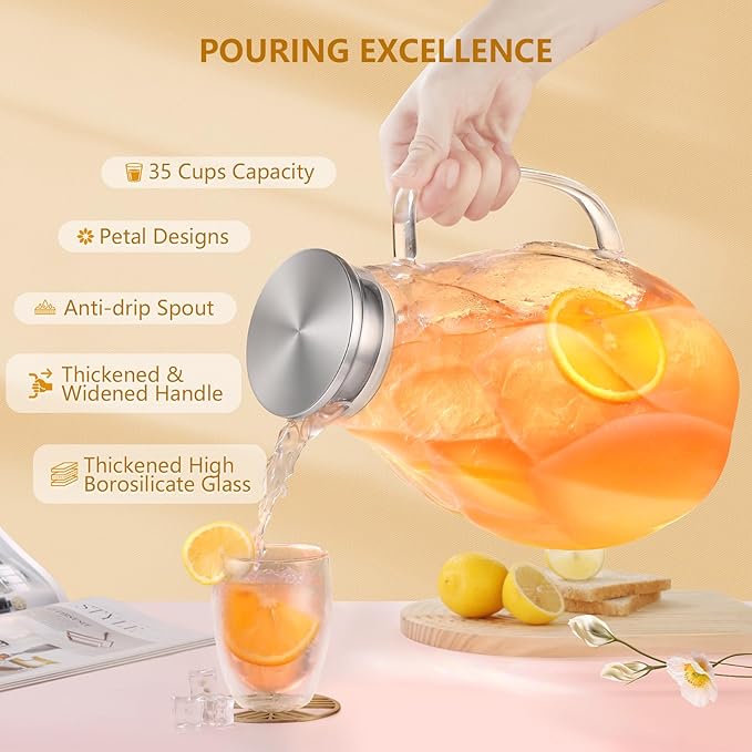 Glass Pitcher With Lid, 102oz Unique Petal Design, Stainless Steel Large Iced Tea Pitcher, Easy To Clean Lightweight Borosilicate Glass For Cold And Hot Beverages