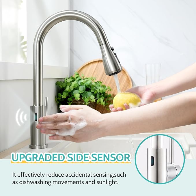 Kicimpro Touchless Kitchen Faucet with Pull Down Sprayer Brushed Nickel, Side Motion Sensor Kitchen Touchless Faucet with Water Line, Two Control Modes Touchless Faucet for Kitchen Sink, Single Handle