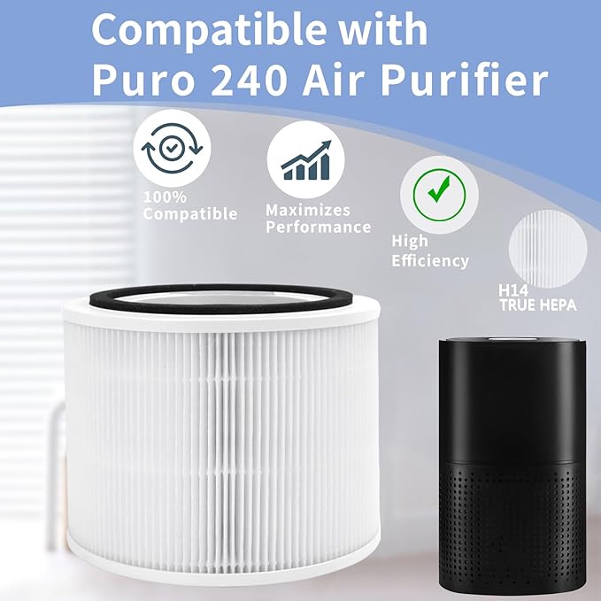 2 Pack H14 True HEPA Replacement Filter for Puro 240 Air Purifier, 3-in-1 True HEPA Replacement Filter with High Efficiency Activated Carbon Filtration