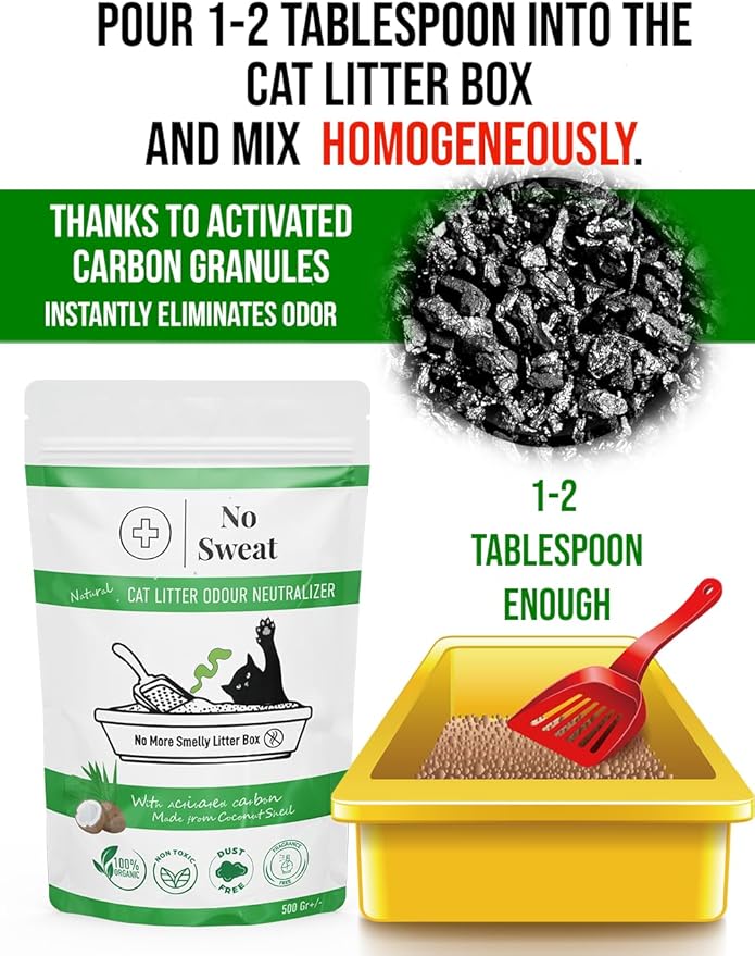 No Sweat Activated Carbon Cat Litter Odour Neutralizer-Made Of Coconut Shell-All Natural-No Chemical,Toxic Ingredients-Unscented-Planet Friendly-Economy Pack-500 GR- Packing May Vary