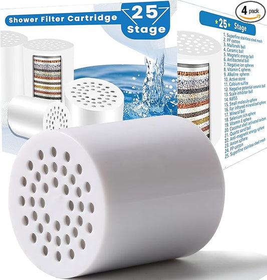 4 Pack 25 Stage Shower Filter Replacement Cartridge, Universal Cartridges for Hard Water – Removes Chlorine, Heavy Metals, Iron & Sediments, Fit Any Similar Design Shower Water Filter