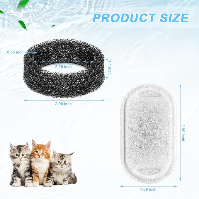 Cat Water Fountain Filter Replacement, 8 Pcs Pet Water Fountain Filters with 8 Pcs Sponges Foam for 67oz/2L & 108oz/3.2L Stainless Steel Automatic Cat Water Fountain Dispenser Filters