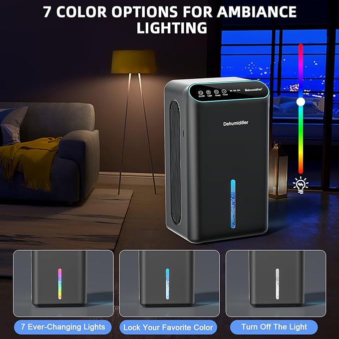 Dehumidifiers for Home, Up to 800 Sq.ft, 86oz Water Tank, Dehumidifiers for Bedroom with Essential Oil Diffuser, 7 Color LED Light, 24H Timer, Auto Shut-off, Ideal for Bathroom Basement Closet RV