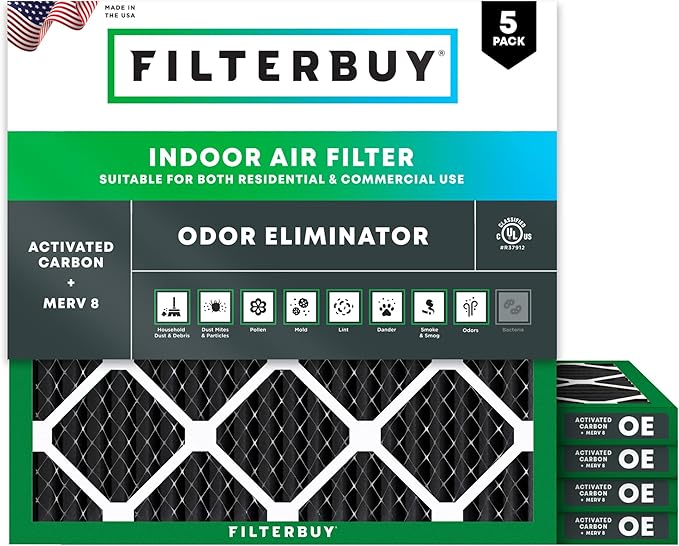 Filterbuy 10x10x1 Air Filter MERV 8 (MPR 700) Odor Eliminator Replacement (5-Pack), Electrostatic Pleated HVAC AC Furnace Filters w/Activated Carbon, Made in USA (Actual Size: 9.50 x 9.50 x 0.75)